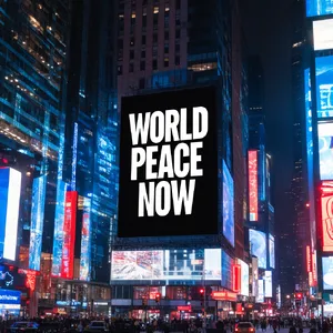 A large storefront billboard at Times Square displaying the slogan “WORLD PEACE NOW” in bold, clear letters, amidst a vibrant cityscape at night. - Krea Krea 2 Large