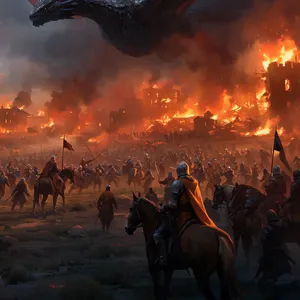 A medieval battlefield with knights on horseback and a dragon flying overhead. - Krea Krea 2 Large