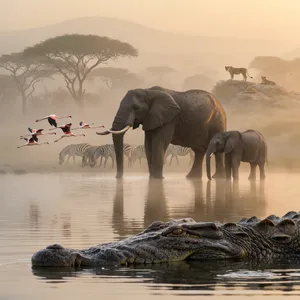 A misty dawn at an African savanna watering hole where elephants, lions, and zebras coexist in tense harmony, with a crocodile partially submerged in the foreground and flamingos taking flight in the background, golden hour lighting. - Krea Krea 2 Large