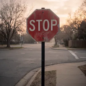 A red stop sign on a street corner displaying the word 