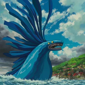 A sea creature rising from a stormy ocean near a village. Replicate the visual style of 'Ponyo' by Studio Ghibli, with Miyazaki's fluid water animations and vibrant creatures. - Krea Krea 2 Large