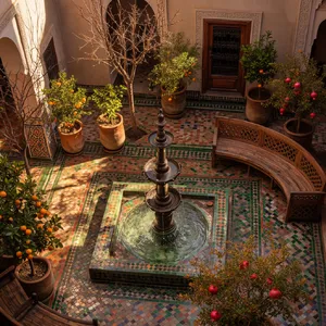 A traditional Moroccan riad courtyard with detailed zellige tilework, flowing fountain, citrus trees, and ornate woodwork. Morning light casting intricate shadow patterns. - Krea Krea 2 Large