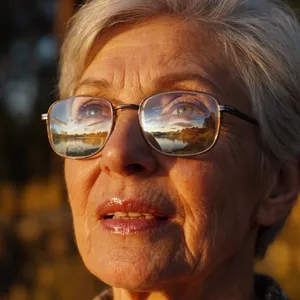 A ultra high-resolution portrait of an elderly woman with silver hair and bifocal glasses, each lens reflecting a distant landscape, captured in warm late-afternoon sunlight - Krea Krea 2 Large