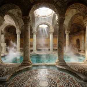 An ancient Roman bathhouse interior with accurate architectural details - marble columns, mosaic floors, arched ceilings, and steam rising from pools. Natural light from oculus openings. - Krea Krea 2 Large