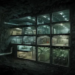 Cross-section rendering of a multi-level underground bunker with different functional areas, structural support systems, ventilation, and power generation facilities visible. - Krea Krea 2 Large