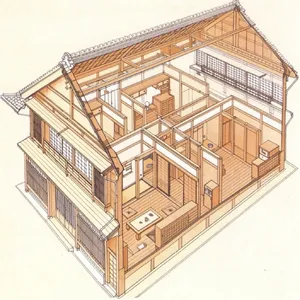 Cutaway architectural drawing of a traditional Japanese machiya townhouse showing all rooms and structural elements. Include accurate proportions, traditional joinery, and typical spatial organization. - Krea Krea 2 Large