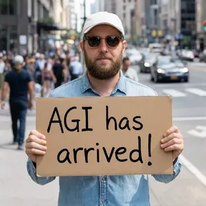 Photorealistic daytime street photograph, clearly showing a man standing still on a busy urban street corner holding a rectangular cardboard sign clearly facing camera, handwritten bold black marker text clearly readable as 