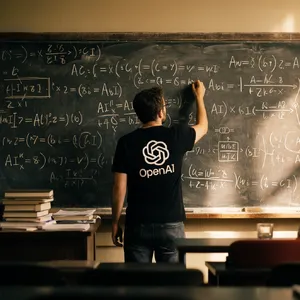 Photorealistic depiction of a man wearing a clearly visible black OpenAI-branded T-shirt. He is standing at the front of a university lecture hall, writing complex mathematics and AI-related equations across a large, dusty chalkboard filled with notation - Krea Krea 2 Large