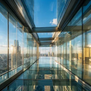 Photorealistic rendering of a contemporary glass skybridge between two skyscrapers, seen from inside with city views visible through glass walls and floor. Show accurate reflections and structural details. - Krea Krea 2 Large