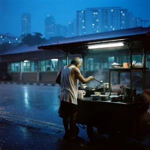 Rain-slicked Singapore street, 3 AM. A lone elderly hawker cleans his cart under one flickering fluorescent light. Steam rises gently. Low-angle shot, photorealistic - Krea Krea 2 Large