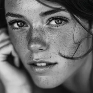 A black and white close-up portrait of a freckled woman with an intense gaze. - Midjourney Midjourney v7