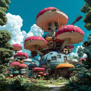 A forest of giant mushrooms with houses built on top of them, rendered in a whimsical Studio Ghibli-inspired art style with vibrant colors and fantastical details. - Midjourney Midjourney v7