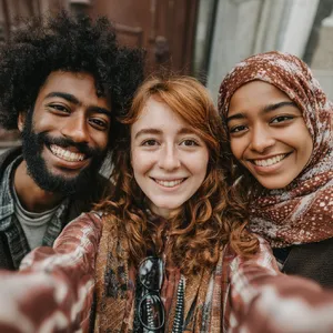 A group selfie of three friends of different ethnic backgrounds smiling at the camera. - Midjourney Midjourney v7