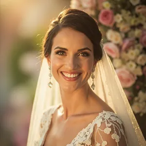 A bride on her wedding day, smiling with tears of joy in her eyes. - Minimax MiniMax Image-01