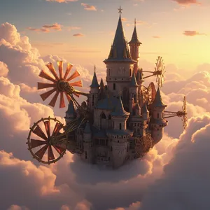 A flying castle floating in clouds at sunrise. Match the visual aesthetic of 'Howl's Moving Castle' by Studio Ghibli, with Miyazaki's blend of steampunk elements and fantasy. - Minimax MiniMax Image-01