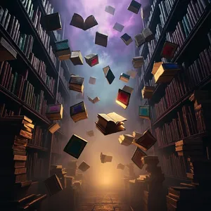 A library where the books are glowing and floating in mid-air, illustrated in a magical realism style with dramatic lighting and rich atmospheric colors. - Minimax MiniMax Image-01