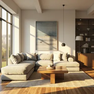 A photorealistic interior of a modern Scandinavian-style living room with natural light streaming through floor-to-ceiling windows. Show detailed wood textures, fabric materials, and proper light reflections. - Minimax MiniMax Image-01