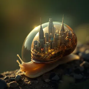 A snail whose shell contains a miniature city skyline, depicted in a hyperrealistic macro photography style with intricate architectural details and ambient lighting. - Minimax MiniMax Image-01