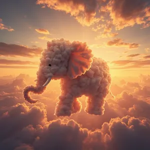An elephant made of clouds floating in a sunset sky, rendered in a surrealist photorealistic style with ethereal golden lighting and atmospheric depth. - Minimax MiniMax Image-01