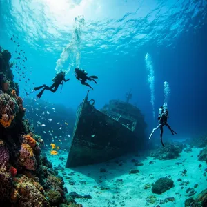 An underwater scene with scuba divers exploring a coral reef alongside colorful fish and a sunken ship. - Minimax MiniMax Image-01