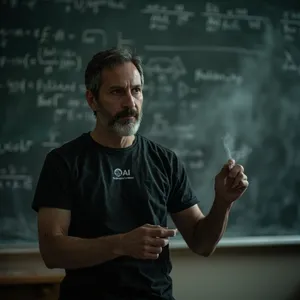 Photorealistic depiction of a man wearing a clearly visible black OpenAI-branded T-shirt. He is standing at the front of a university lecture hall, writing complex mathematics and AI-related equations across a large, dusty chalkboard filled with notation - Minimax MiniMax Image-01
