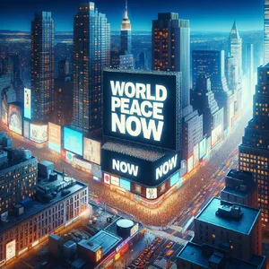 A large storefront billboard at Times Square displaying the slogan “WORLD PEACE NOW” in bold, clear letters, amidst a vibrant cityscape at night. - OpenAI DALL-E 3