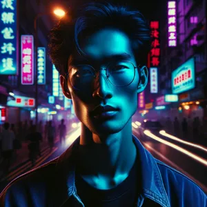 A nighttime portrait of a man lit by neon signs on a city street. - OpenAI DALL-E 3