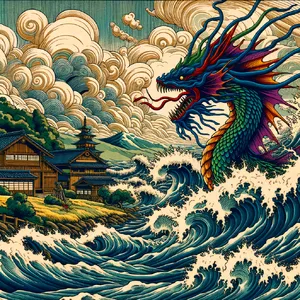 A sea creature rising from a stormy ocean near a village. Replicate the visual style of 'Ponyo' by Studio Ghibli, with Miyazaki's fluid water animations and vibrant creatures. - OpenAI DALL-E 3