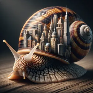 A snail whose shell contains a miniature city skyline, depicted in a hyperrealistic macro photography style with intricate architectural details and ambient lighting. - OpenAI DALL-E 3