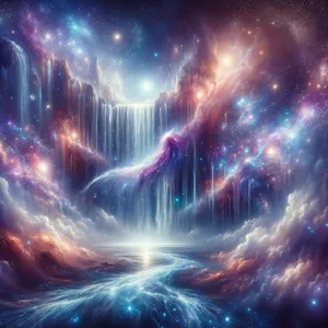 A waterfall that pours out stars and galaxies instead of water, illustrated in a cosmic fantasy style with vibrant space colors and dramatic lighting effects. - OpenAI DALL-E 3