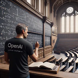 Photorealistic depiction of a man wearing a clearly visible black OpenAI-branded T-shirt. He is standing at the front of a university lecture hall, writing complex mathematics and AI-related equations across a large, dusty chalkboard filled with notation - OpenAI DALL-E 3
