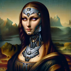 The Mona Lisa reimagined as a futuristic android, rendered in a digital art style that preserves Da Vinci's composition while incorporating sleek cyberpunk aesthetics and technological elements. - OpenAI DALL-E 3