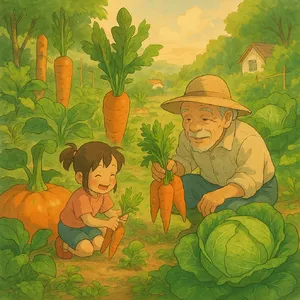 A child and elder tending oversized vegetables in a garden. Reproduce the artistic style of Studio Ghibli, with their distinctive character proportions and detailed plant illustrations. - OpenAI ChatGPT 4o