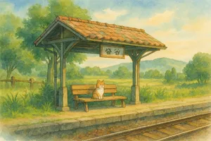 A countryside train station with a cat waiting on a bench. Rendered in Studio Ghibli animation style with Miyazaki's watercolor backgrounds and hand-drawn quality. - OpenAI ChatGPT 4o