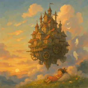 A flying castle floating in clouds at sunrise. Match the visual aesthetic of 'Howl's Moving Castle' by Studio Ghibli, with Miyazaki's blend of steampunk elements and fantasy. - OpenAI ChatGPT 4o