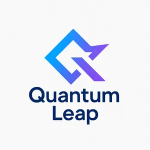 Abstract geometric logo for tech startup 'Quantum Leap', evoking connection & speed, vibrant blue/purple gradient, sharp angles. 'Quantum Leap' as text contained in logo. - OpenAI ChatGPT 4o
