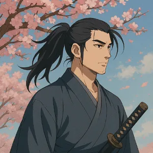 An anime-style portrait of a samurai standing under pink cherry blossoms. - OpenAI ChatGPT 4o
