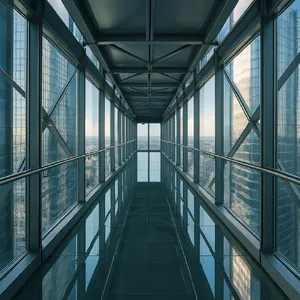 Photorealistic rendering of a contemporary glass skybridge between two skyscrapers, seen from inside with city views visible through glass walls and floor. Show accurate reflections and structural details. - OpenAI ChatGPT 4o