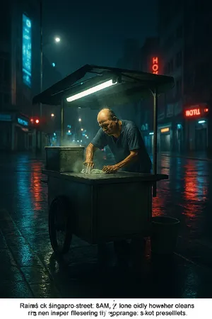 Rain-slicked Singapore street, 3 AM. A lone elderly hawker cleans his cart under one flickering fluorescent light. Steam rises gently. Low-angle shot, photorealistic - OpenAI ChatGPT 4o