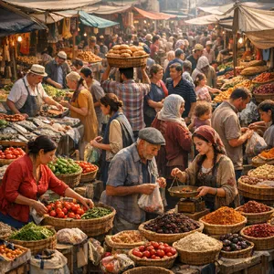 A bustling market scene with dozens of people buying and selling goods. - OpenAI GPT Image 1.5