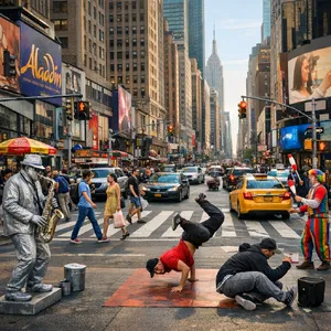 A busy city intersection with cars, pedestrians, and street performers all in one frame. - OpenAI GPT Image 1.5