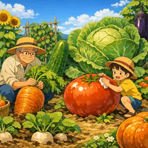 A child and elder tending oversized vegetables in a garden. Reproduce the artistic style of Studio Ghibli, with their distinctive character proportions and detailed plant illustrations. - OpenAI GPT Image 1.5