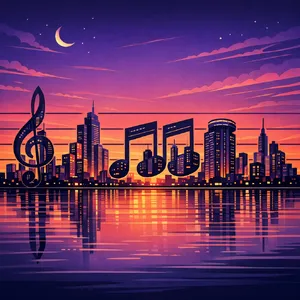 A city skyline that forms the shape of musical notes on a staff, created in a stylized graphic design aesthetic with clean architectural lines and dramatic twilight colors. - OpenAI GPT Image 1.5