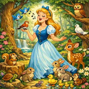 A classic Disney-like 2D cartoon princess singing with animals in a forest. - OpenAI GPT Image 1.5