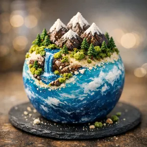 A dessert cake that looks like a tiny planet, complete with miniature trees and mountains, photographed in a professional food photography style with tilt-shift focus effect. - OpenAI GPT Image 1.5