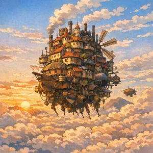 A flying castle floating in clouds at sunrise. Match the visual aesthetic of 'Howl's Moving Castle' by Studio Ghibli, with Miyazaki's blend of steampunk elements and fantasy. - OpenAI GPT Image 1.5