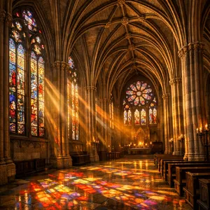 A Gothic cathedral interior at sunset with light streaming through detailed stained glass windows, creating colored patterns on stone floors and columns. Show accurate ribbed vaulting. - OpenAI GPT Image 1.5