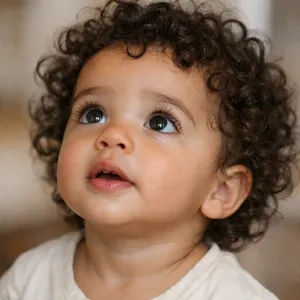 A hyper-realistic photo of a toddler with curly hair and big eyes, looking upward. - OpenAI GPT Image 1.5