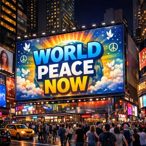 A large storefront billboard at Times Square displaying the slogan “WORLD PEACE NOW” in bold, clear letters, amidst a vibrant cityscape at night. - OpenAI GPT Image 1.5