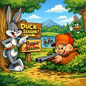 A Looney Tunes-inspired cartoon scene of a clever rabbit tricking a hunter. - OpenAI GPT Image 1.5